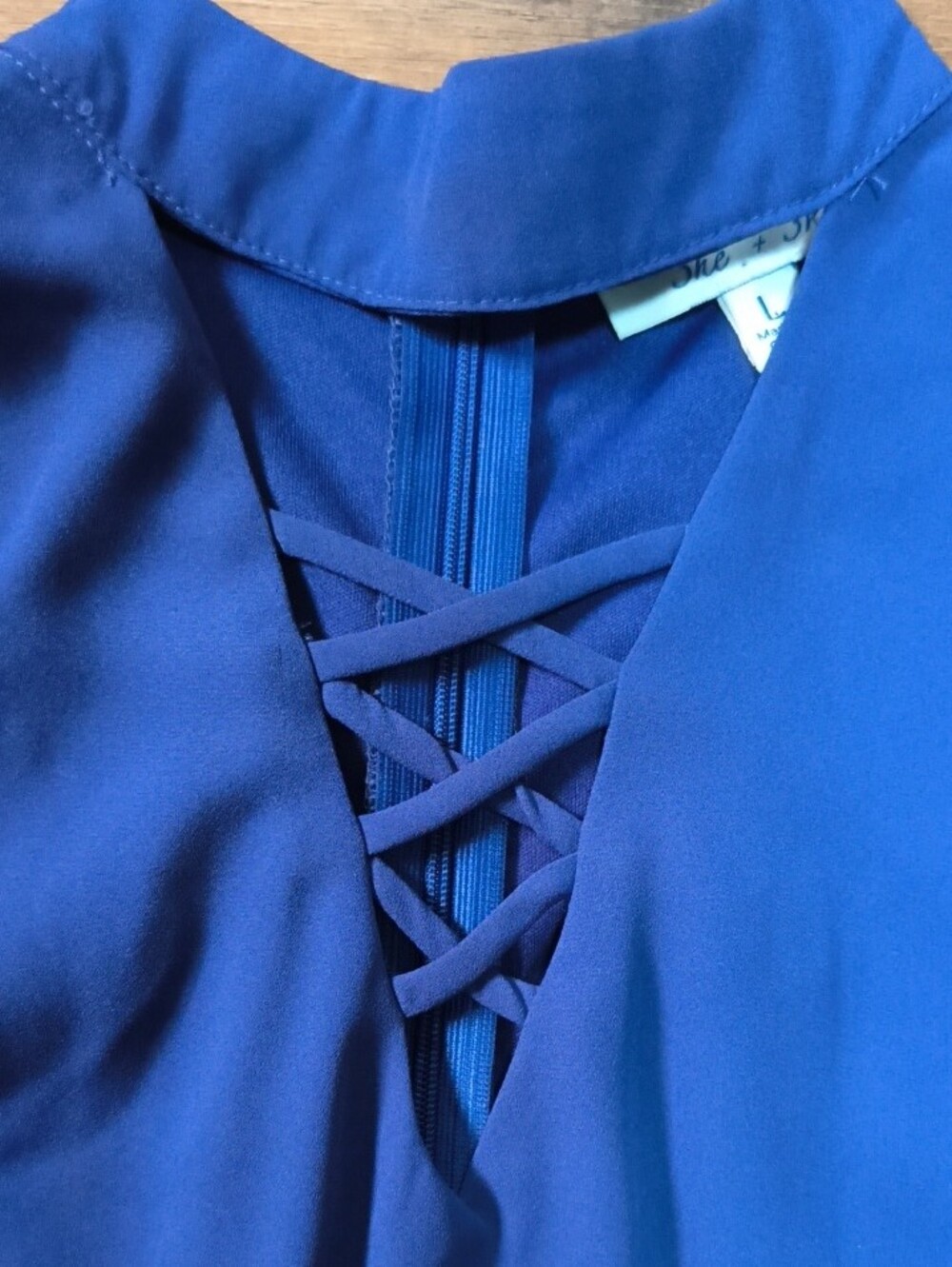 She + Sky Cobalt Sleeveless Shift Dress with Lattice V-Neck - Picture 3 of 4